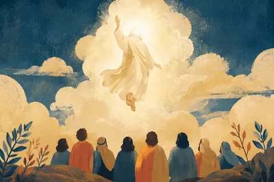 Jesus Ascending Through Clouds Before Disciples