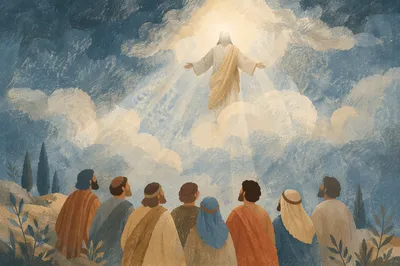 Jesus Ascending Above Clouds Before Disciples