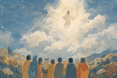Jesus Ascending Above Clouds and Disciples