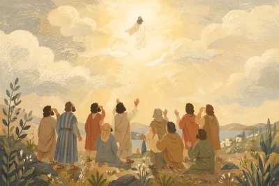 Jesus Ascending Above Disciples at Dawn