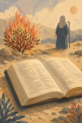 Open Scripture Near Burning Bush in Desert