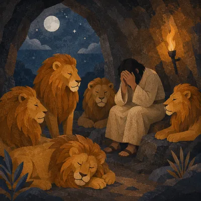 Daniel Praying Peacefully Among Lions at Night