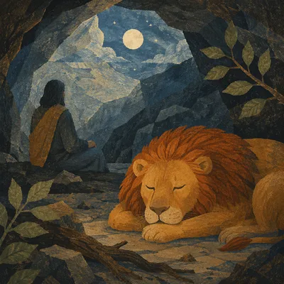 Peaceful Daniel in the Lions Den at Night
