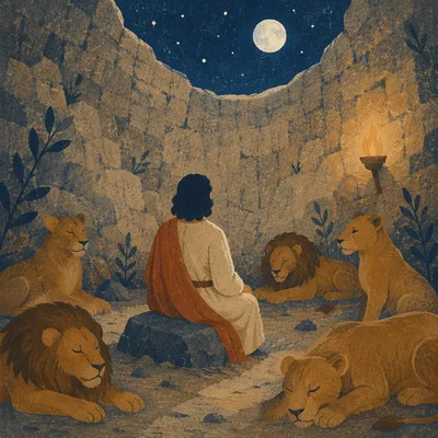 Peaceful Daniel in the Lions Den at Night