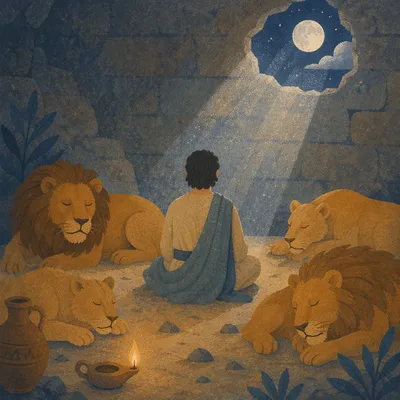 Daniel Peacefully Praying in the Lions Den