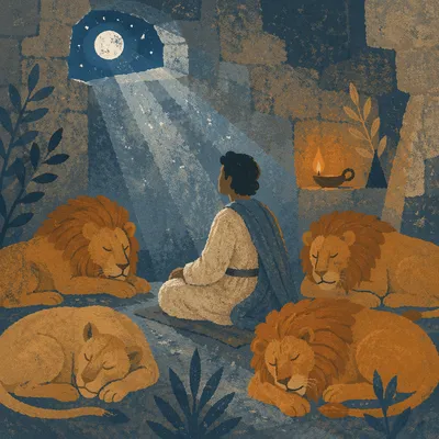 Daniel Resting Peacefully Among Lions at Night