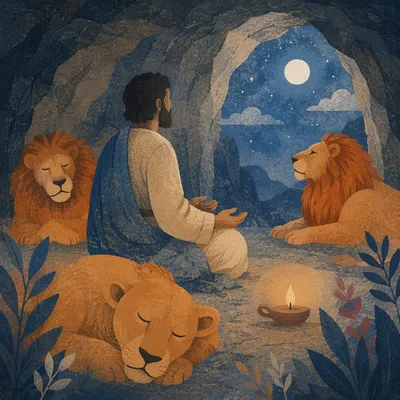 Daniel Praying Peacefully Among Lions at Night