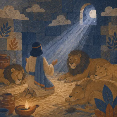 Daniel Praying Peacefully Among Resting Lions