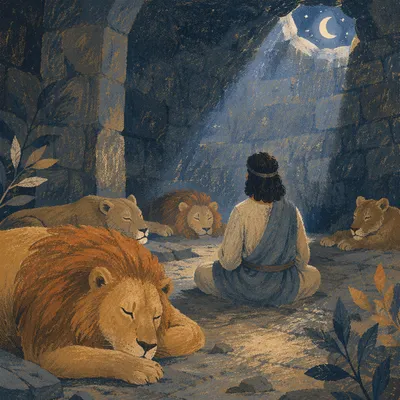 Peaceful Daniel in the Lions Den at Night