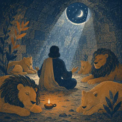 Daniel Praying Peacefully Among Resting Lions