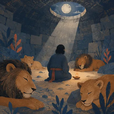 Peaceful Daniel Praying Among Resting Lions