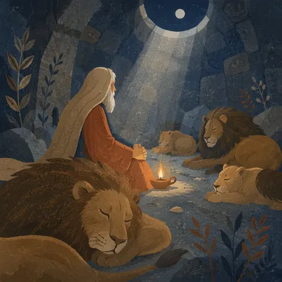 Peaceful Daniel in the Lions Den at Night
