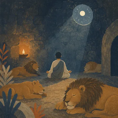 Daniel Praying Peacefully Among Lions at Night