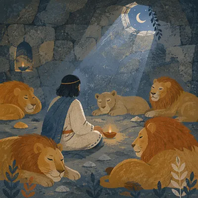 Peaceful Daniel Among Lions at Moonlit Den