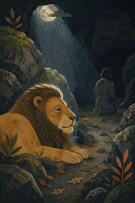 Peaceful Daniel in the Lions Den at Night