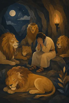 Peaceful Daniel in the Lions Den at Night