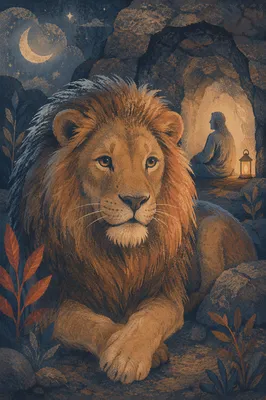 Peaceful Daniel in the Lions Den at Night