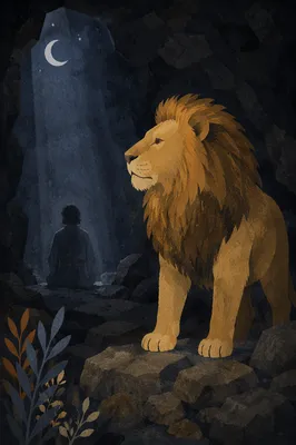 Peaceful Daniel in the Lions Den at Night