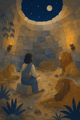 Peaceful Daniel in the Lions Den at Night