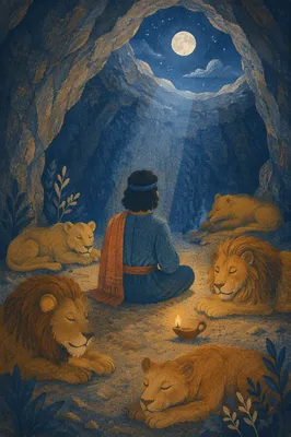 Peaceful Daniel in the Lions Den at Night