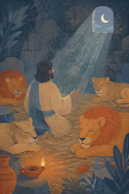 Daniel Praying Peacefully Among Resting Lions