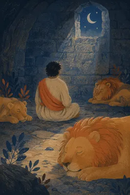 Peaceful Daniel in the Lions Den at Night