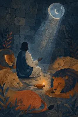Daniel Praying Peacefully Among Resting Lions