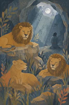 Peaceful Lions Den at Moonlit Night