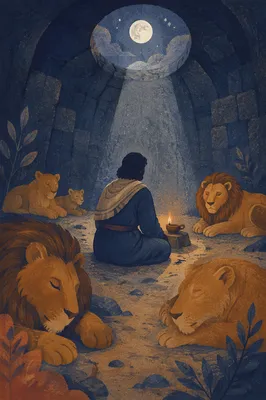 Daniel Praying Peacefully Among Resting Lions