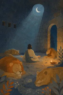 Daniel Praying Peacefully Among Lions at Night