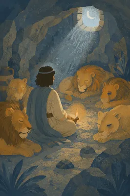 Daniel Peacefully Resting Among Lions at Night