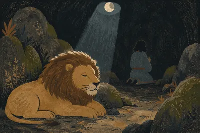 Peaceful Daniel in the Lions Den at Night