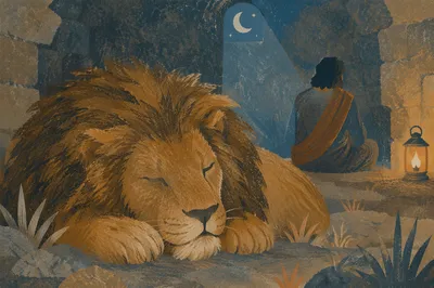 Peaceful Daniel in the Lions Den at Night