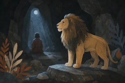 Peaceful Daniel in the Lions Den at Night