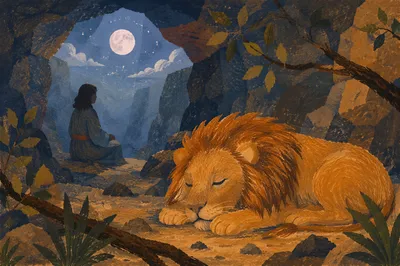 Peaceful Daniel in the Lions Den at Night