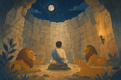 Peaceful Daniel Among Lions at Night