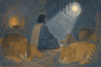 Daniel in the Lions Den at Night