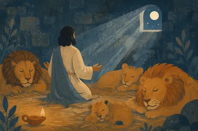 Daniel Praying Peacefully Among Lions at Midnight