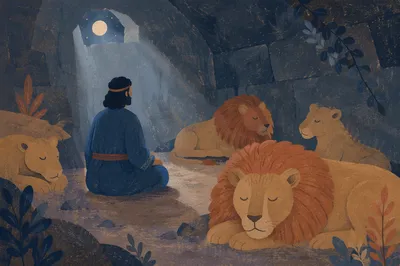 Daniel Resting Peacefully Among Lions at Night