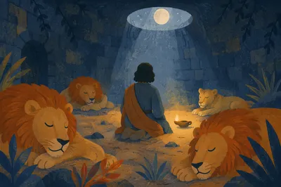 Daniel Praying Peacefully Among Lions at Night