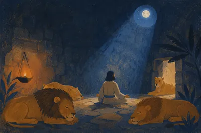 Peaceful Daniel Praying Among Lions at Night