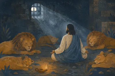 Daniel Peacefully Praying Among Lions at Night