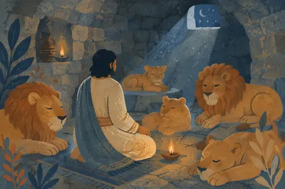 Peaceful Daniel Among Lions at Moonlit Den