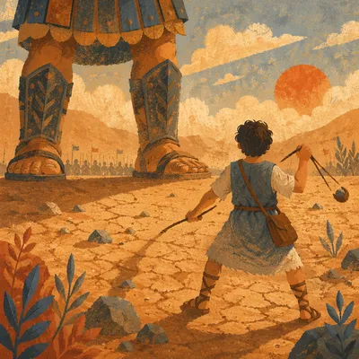 David Faces Goliath in Ancient Valley