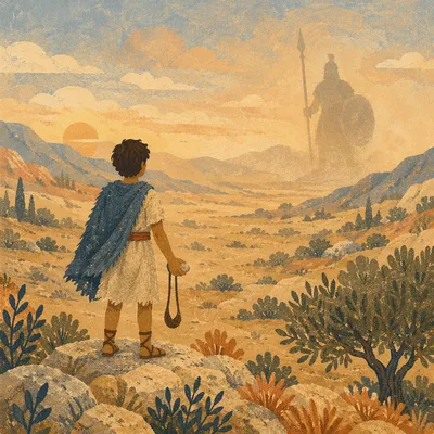 David Facing Goliath in Dusty Valley