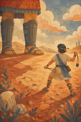 David Facing Goliath in Ancient Valley