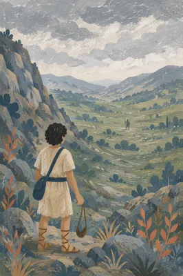 David Facing Goliath in Windswept Valley