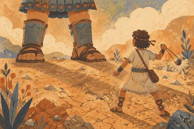 David Faces Goliath in Ancient Valley