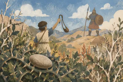 David Faces Goliath Across Sunlit Valley