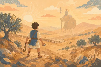 David Facing Goliath Across Desert Valley